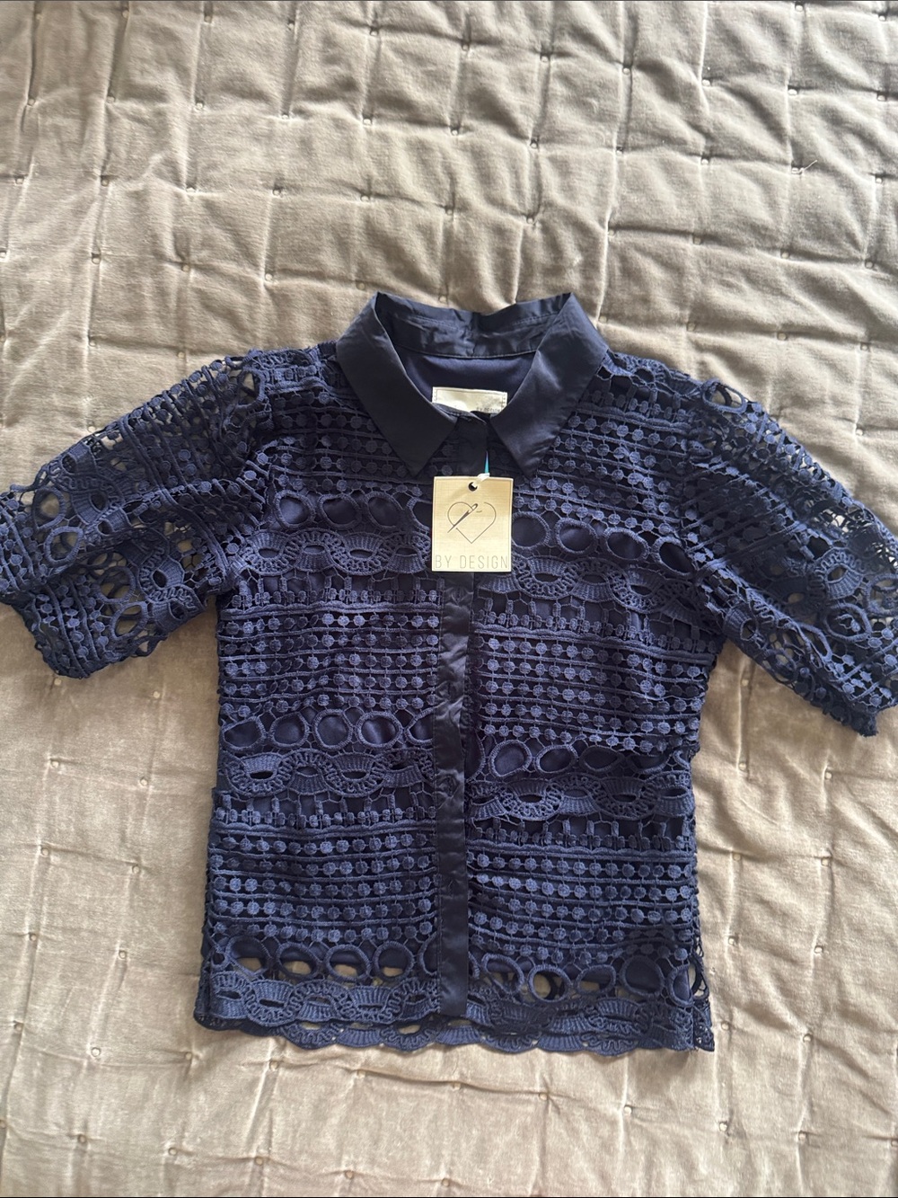 By Design Navy Lace Button-Front Short Sleeve Top